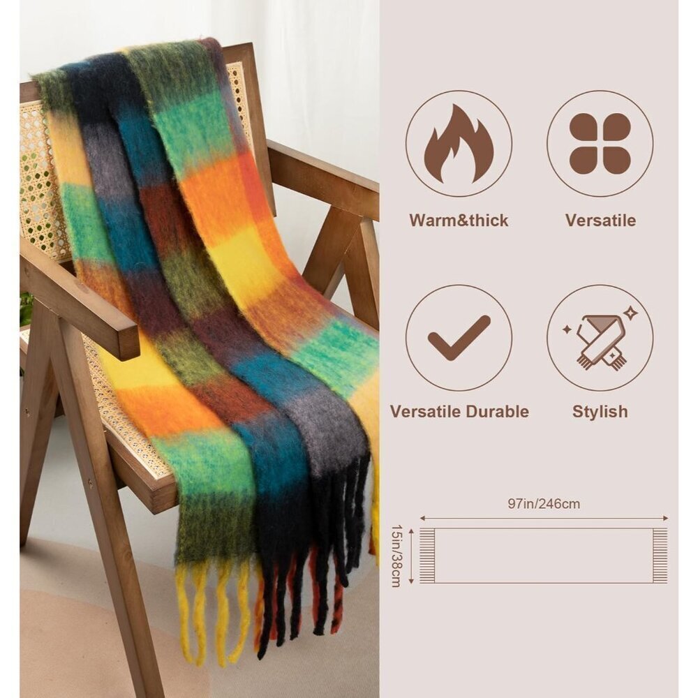 Women's Oversized Plaid Blanket Scarf Chunky Warm Shawl Wrap 80 characters - Picture 4 of 6